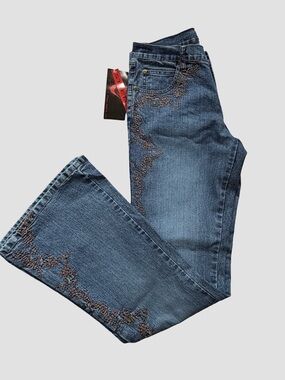 Foxy Brown Embroidery Detail Flare Boho Mid Rise Denim Jeans -SZ-11X32"